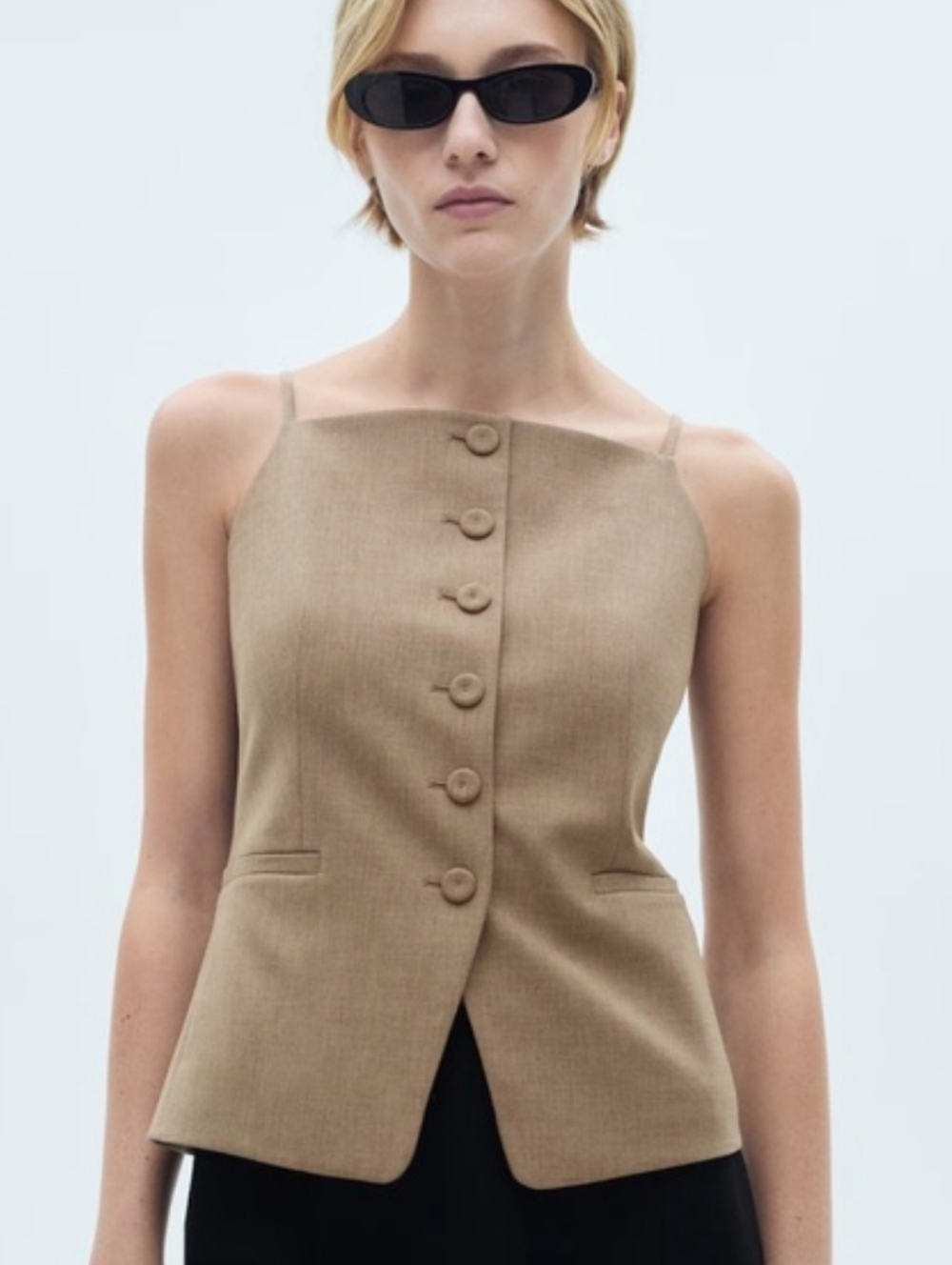 Mango Tan Button-Front Spaghetti Strap Top - Picture 2 of 9